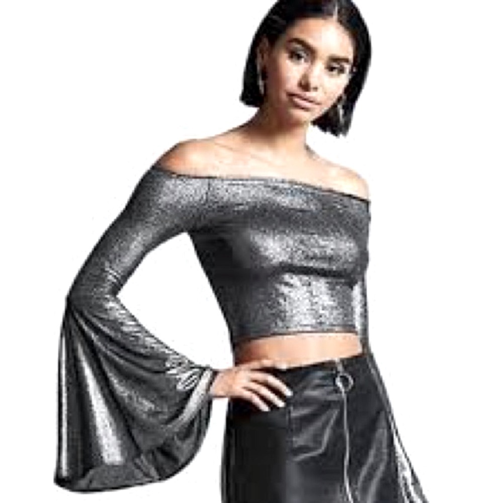 Forever 21 Silver Knit Top Off Shoulder Crop Top Size S Bell Sleeves NWT